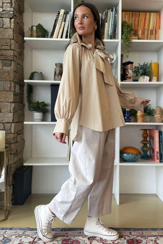 Zeta Otto Pinstripe Pussy Bow Blouse Latte